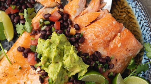 Hot Honey Baked Salmon with Spicy Guacamole and Black Bean Salsa