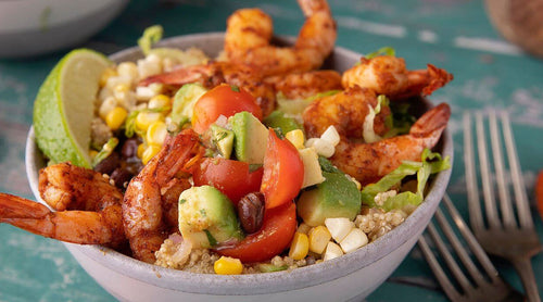Smokey Shrimp Quinoa Bowls with Grilled Corn and Avocado Salsa